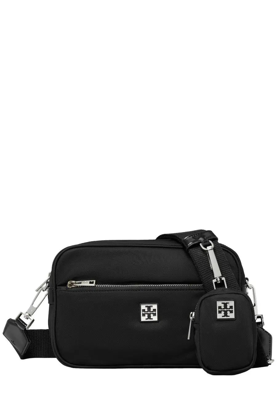 Black nylon tory burch women’s crossbody bag with silver hardware and matching detachable logo pouch Virginia style