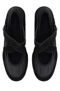 Tory burch women’s ballerina romy sport mary jane black shoes with black suede crossover straps and minimalist design