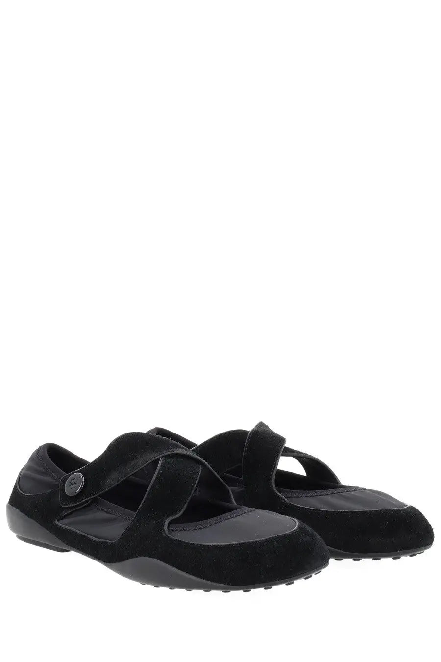 Tory Burch women’s ballerina Romy sport black mary jane flats in black suede with minimalist design and subtle stitching details