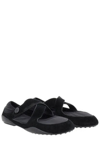 Tory Burch women’s ballerina Romy sport black mary jane flats in black suede with minimalist design and subtle stitching details