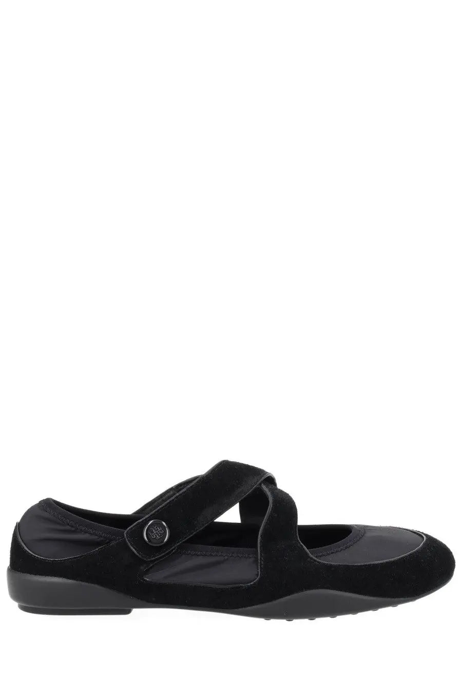 Tory Burch women’s ballerina Romy Sport mary jane black suede shoe with velcro strap and circular button detail