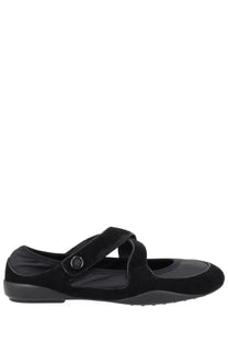 Tory Burch women’s ballerina Romy Sport mary jane black suede shoe with velcro strap and circular button detail