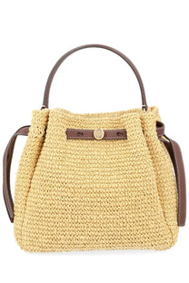Tory Burch women’s borsa romy secchiello beige woven straw handbag with brown leather handles and circular clasp