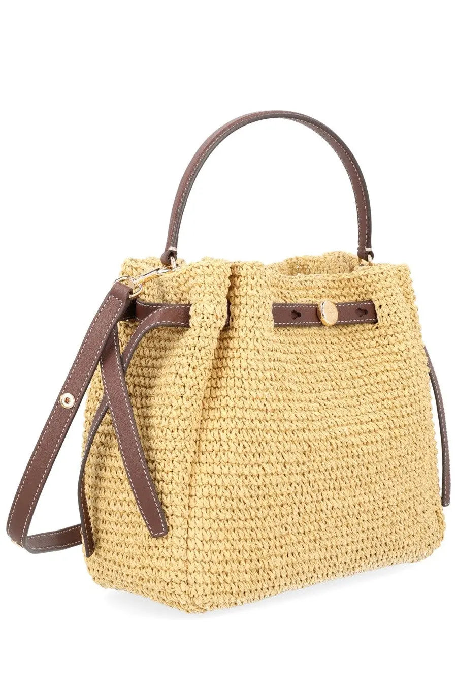 Tory Burch women’s borsa romy secchiello beige woven straw handbag with brown leather handles and gold-tone button closure