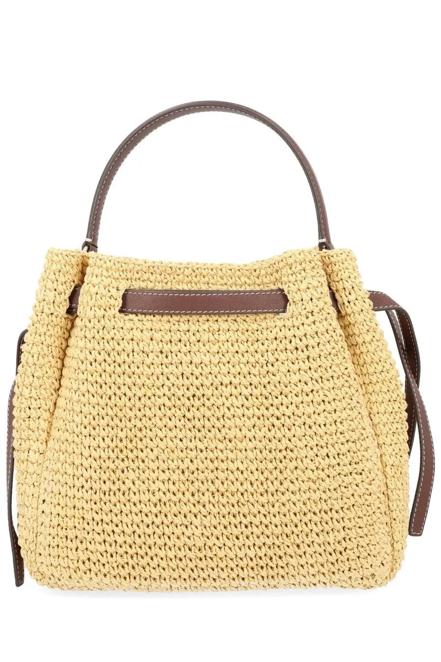 Tory Burch women’s borsa Romy Secchiello beige woven straw handbag with brown leather handles and trim