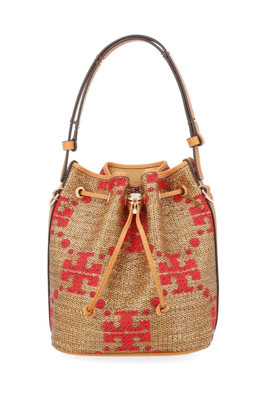 Tory burch women’s borsa secchiello monogram bucket bag in red and tan woven leather with logo pattern