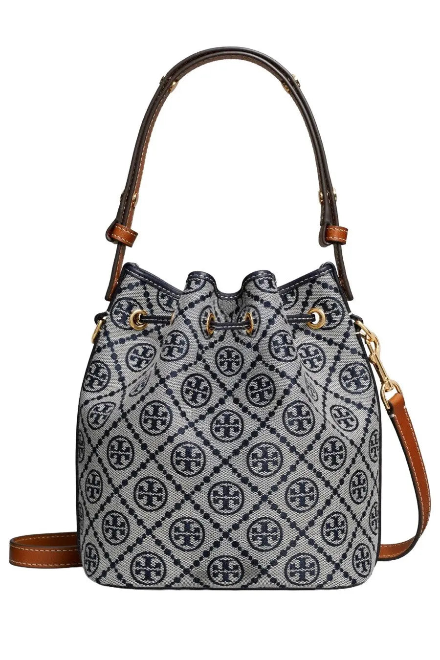 Tory Burch women’s borsa secchiello monogram blue gray and black patterned bucket bag with brown leather handles and detachable strap
