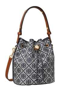 Tory burch womens borsa secchiello monogram blue bucket bag with navy white pattern tan leather handles and gold hardware