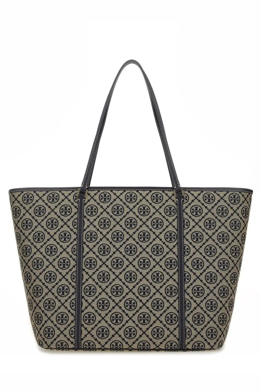 Beige and black patterned tote bag with repeating logo design from Tory Burch women’s borsa shopping monogram con zip blue