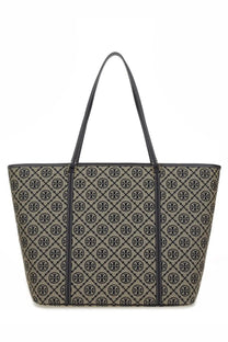 Beige and black patterned tote bag with repeating logo design from Tory Burch women’s borsa shopping monogram con zip blue