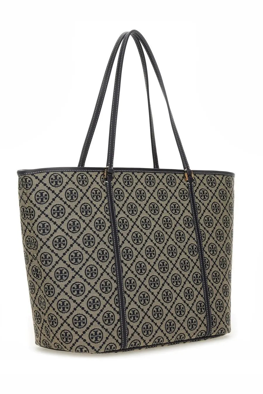 Beige and black patterned tory burch tote bag with signature logo design in borsa shopping monogram con zip blue style