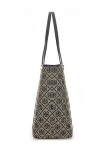 Beige and black patterned tory burch tote bag with signature logo design in the style of borsa shopping monogram con zip blue