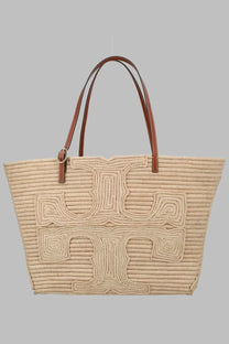 Tory Burch women’s beige woven straw tote bag with brown leather handles and embroidered logo on front