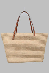 Tory Burch women’s borsa tote con beige woven straw bag with brown leather handles and metallic buckle