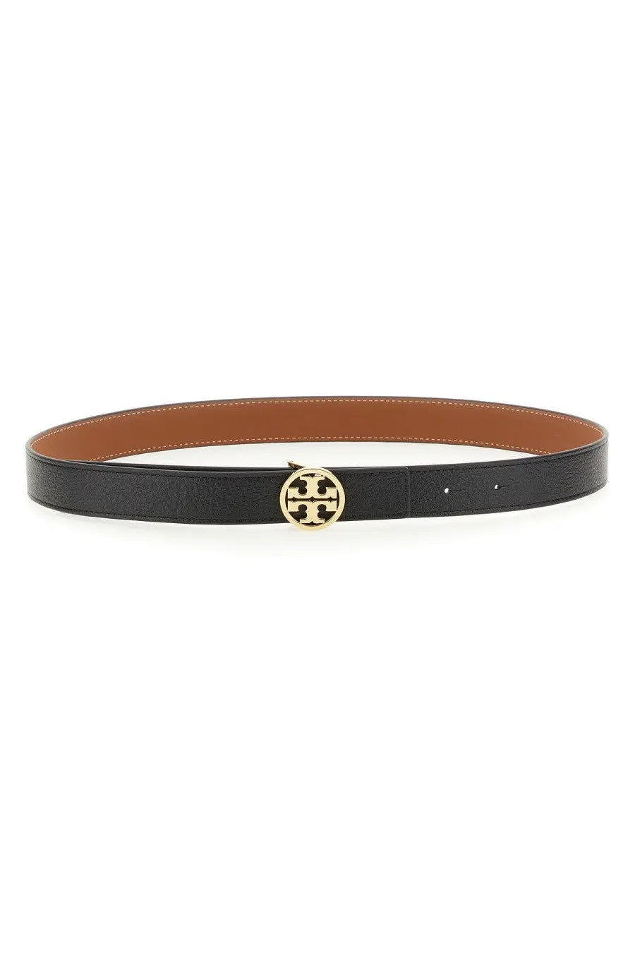 Tory Burch women’s Cintura Miller reversible black leather belt with gold toned logo buckle and tan inner lining