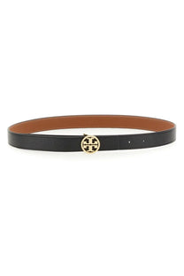 Tory Burch women’s Cintura Miller reversible black leather belt with gold toned logo buckle and tan inner lining