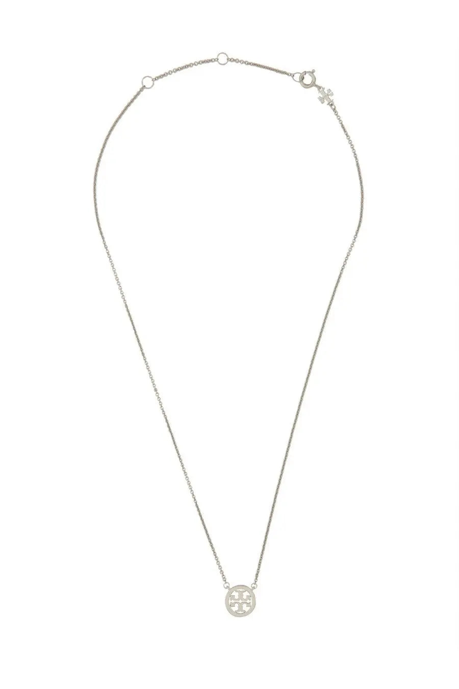 Silver Tory Burch women’s necklace with circular pendant featuring crystal and the signature interlocking T logo
