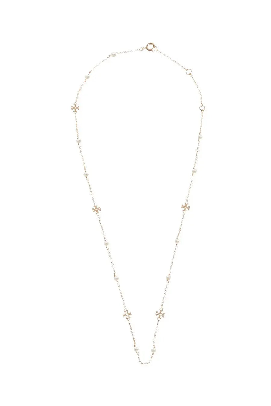 Tory Burch women’s gold collana kira con perle necklace with silver chain, cross charms, and pearl-like beads