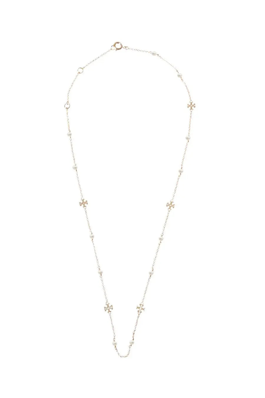 Tory Burch women’s gold silver chain necklace with small cross charms and tiny round beads for elegant wear