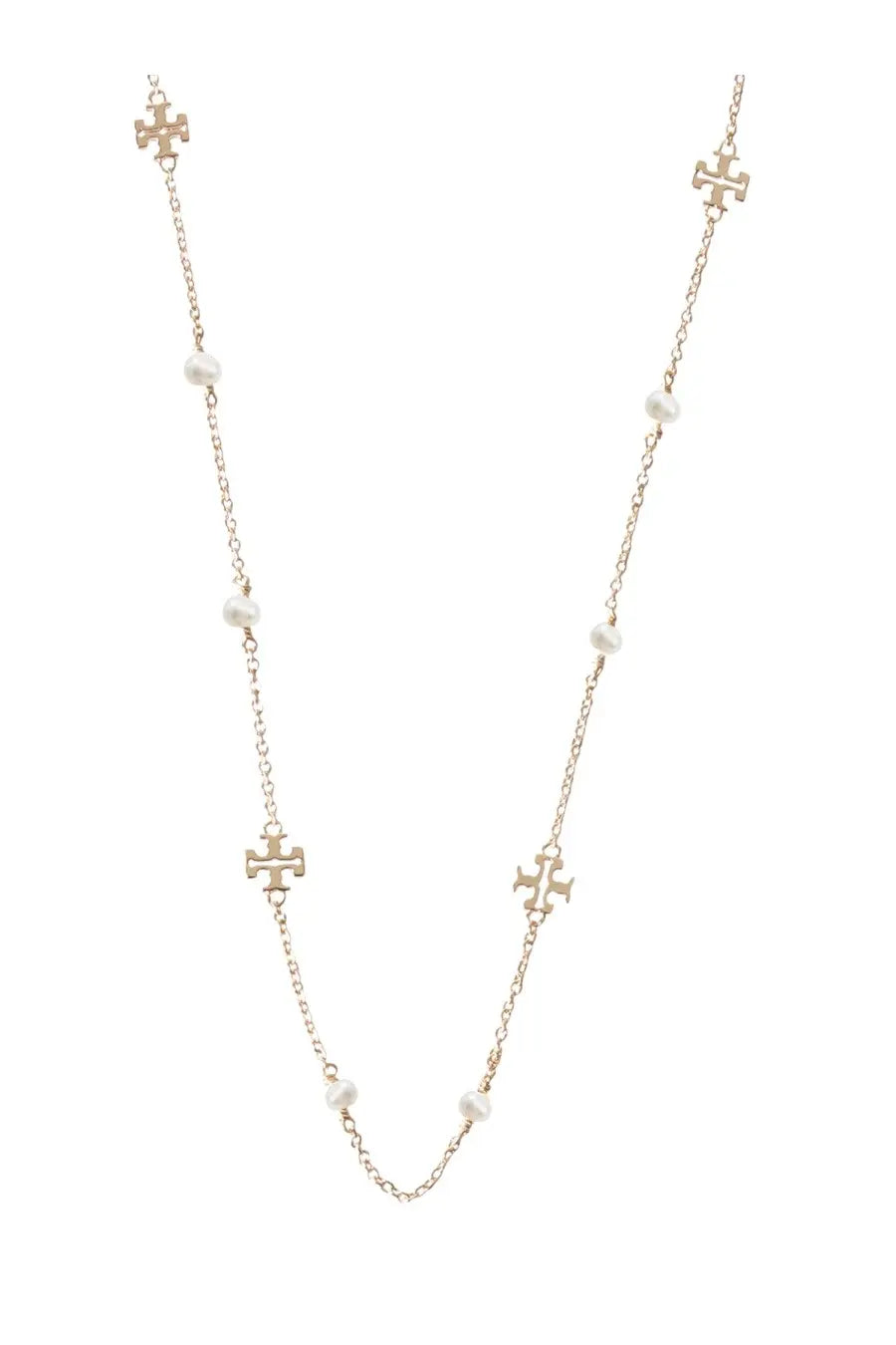 Tory Burch women’s gold collana kira necklace featuring alternating cross charms and small pearls