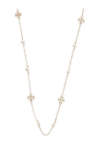 Tory Burch women’s gold collana kira necklace featuring alternating cross charms and small pearls