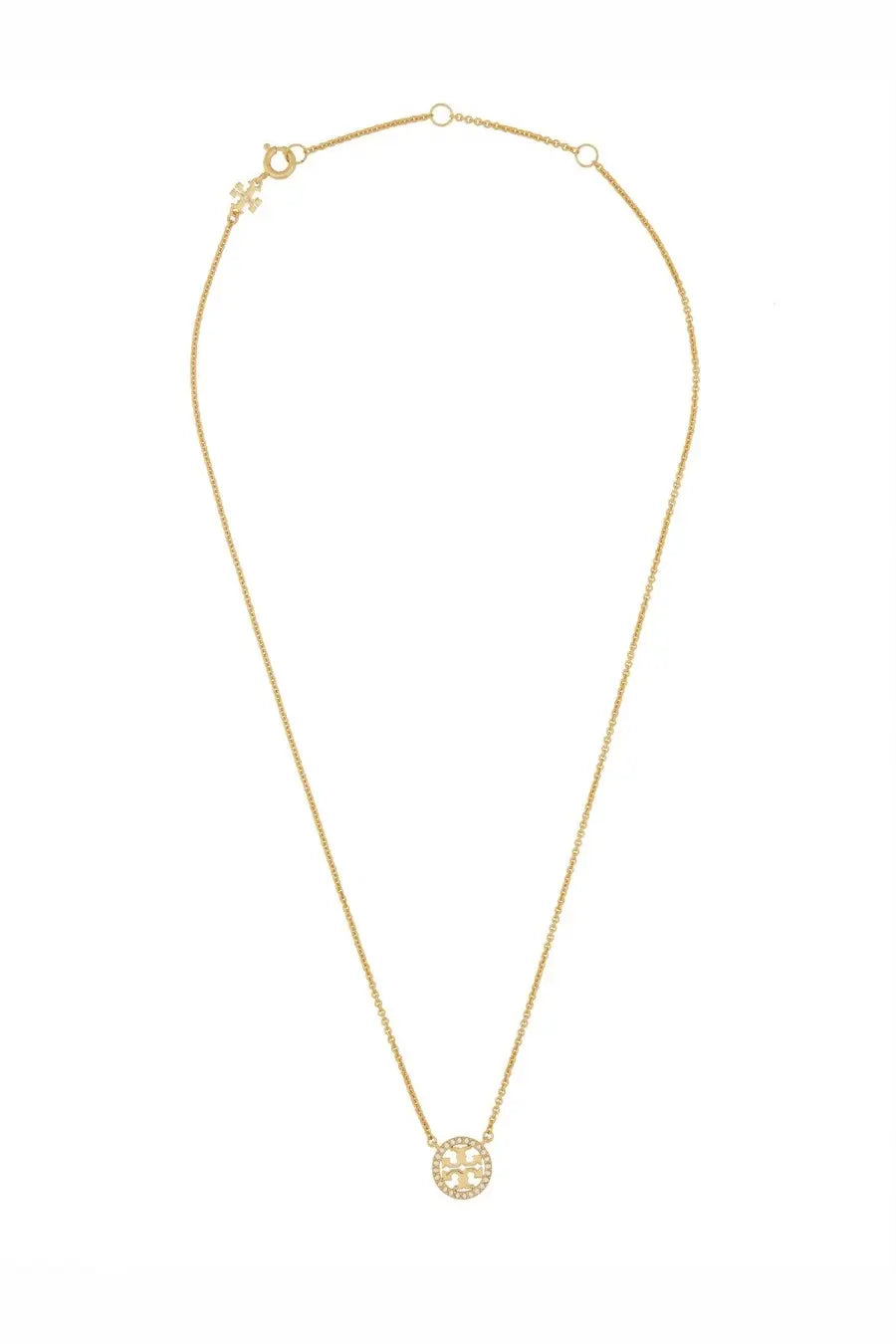 Tory Burch women’s gold collana Miller pavè necklace with circular pendant featuring intricate cross and stones