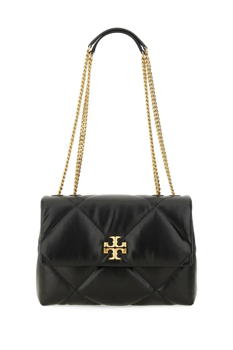 Tory Burch women’s black quilted leather convertible Kira shoulder bag with gold-tone chain strap and logo clasp