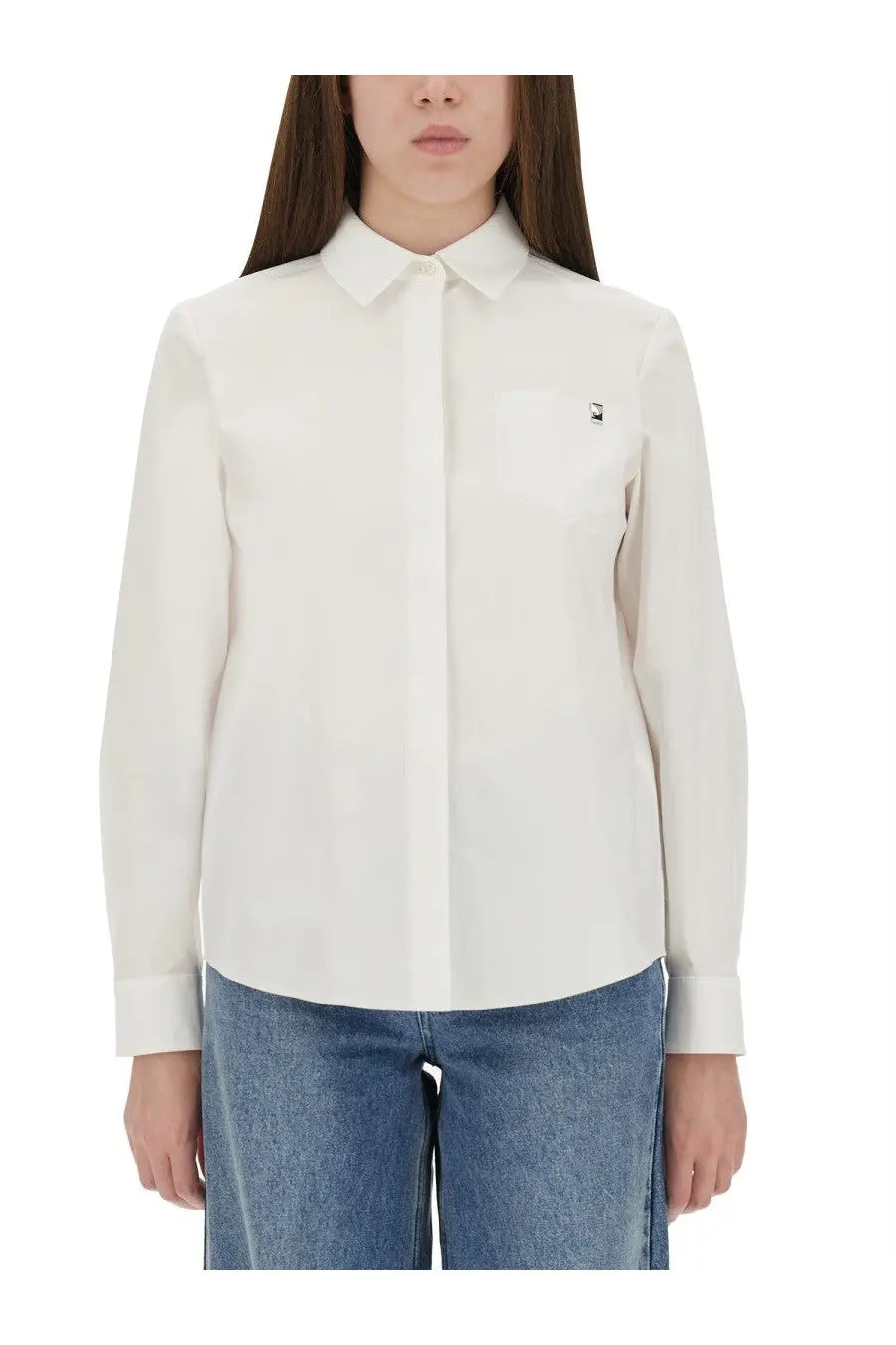 Tory Burch women’s white cotton poplin long-sleeve button-down shirt with classic collar and chest pocket branding