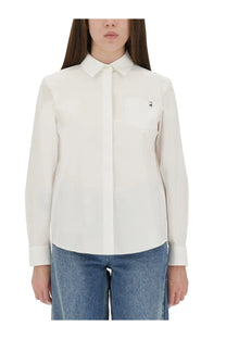 Tory Burch women’s white cotton poplin long-sleeve button-down shirt with classic collar and chest pocket branding