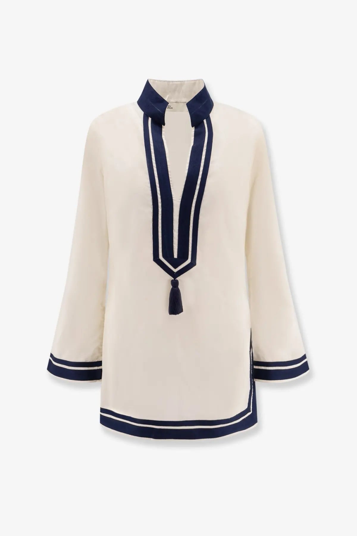 Tory Burch women’s cream-colored silk blouse with navy blue trim and tassel detail at the neckline