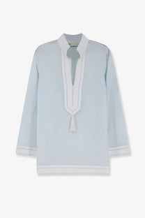 Light blue silk Tory Burch women’s tunic shirt with white embroidered trim and tassel neckline details