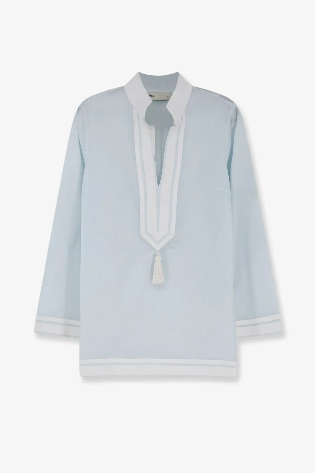 Light blue silk Tory Burch women’s tunic shirt with white embroidered trim and tassel at the neckline