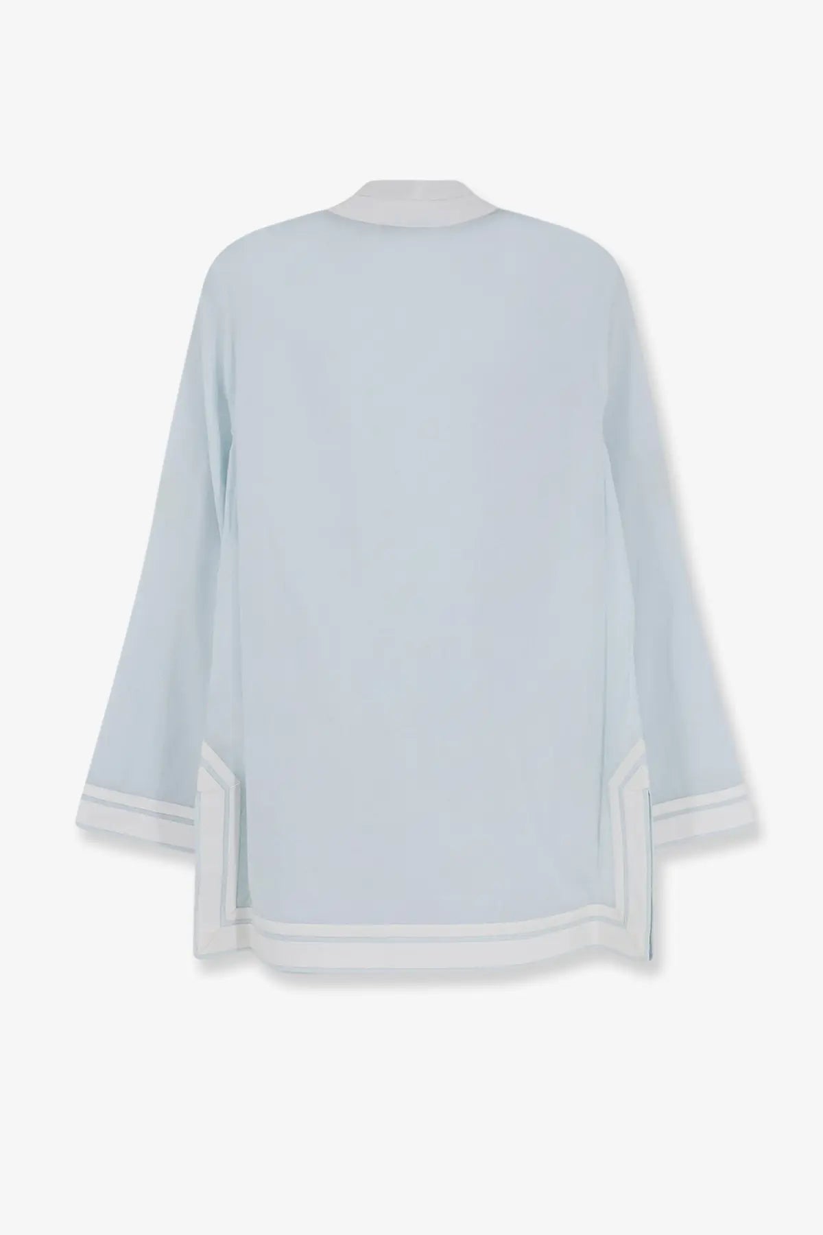 Tory Burch womens cotton tory tunic shirt in soft light blue silk with relaxed fit and white trim on cuffs and hem