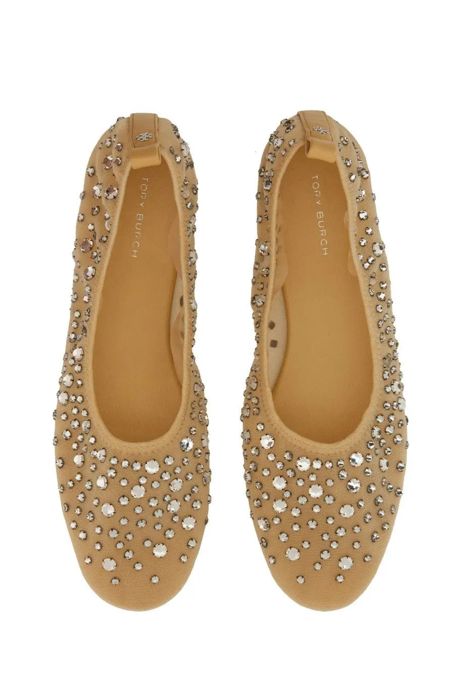 Beige tory burch womens crystal ballerina flats adorned with sparkling clear rhinestones for elegant wear