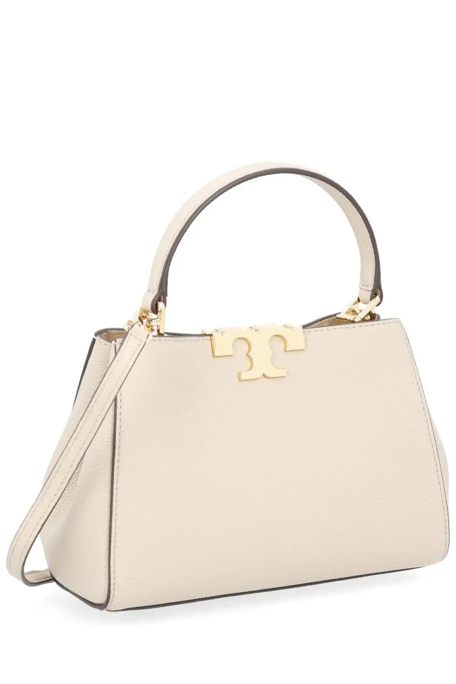 Cream-colored leather Tory Burch women’s Eleanor bag beige with gold-tone t-shaped clasp and matching handle