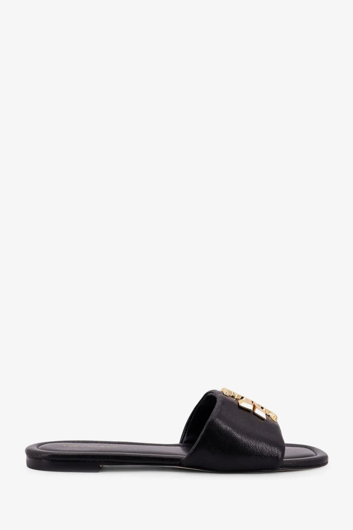 Black leather slide sandal with gold-tone logo clasp from tory burch women’s eleanor leather flat sandals