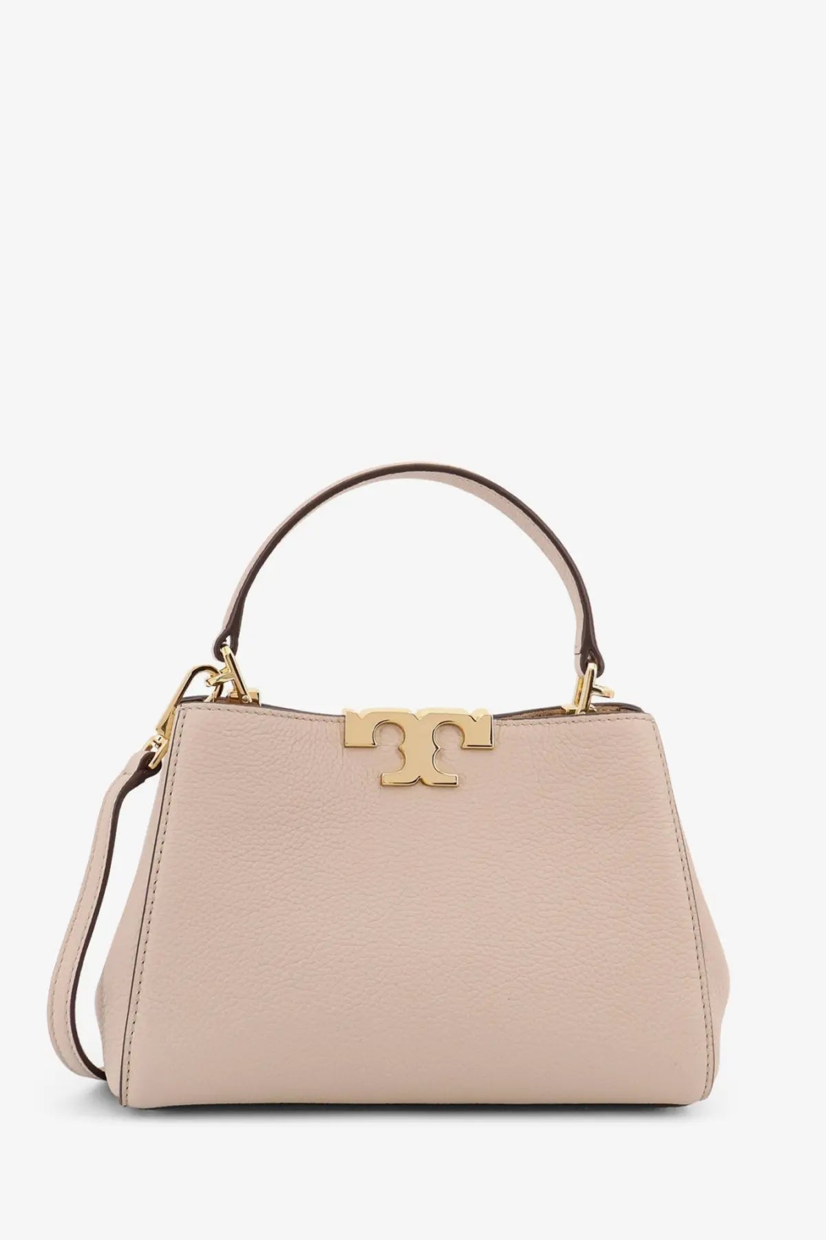 Beige leather tory burch women’s eleanor pebbled mini satchel crossbody bag with gold tone logo clasp and handles
