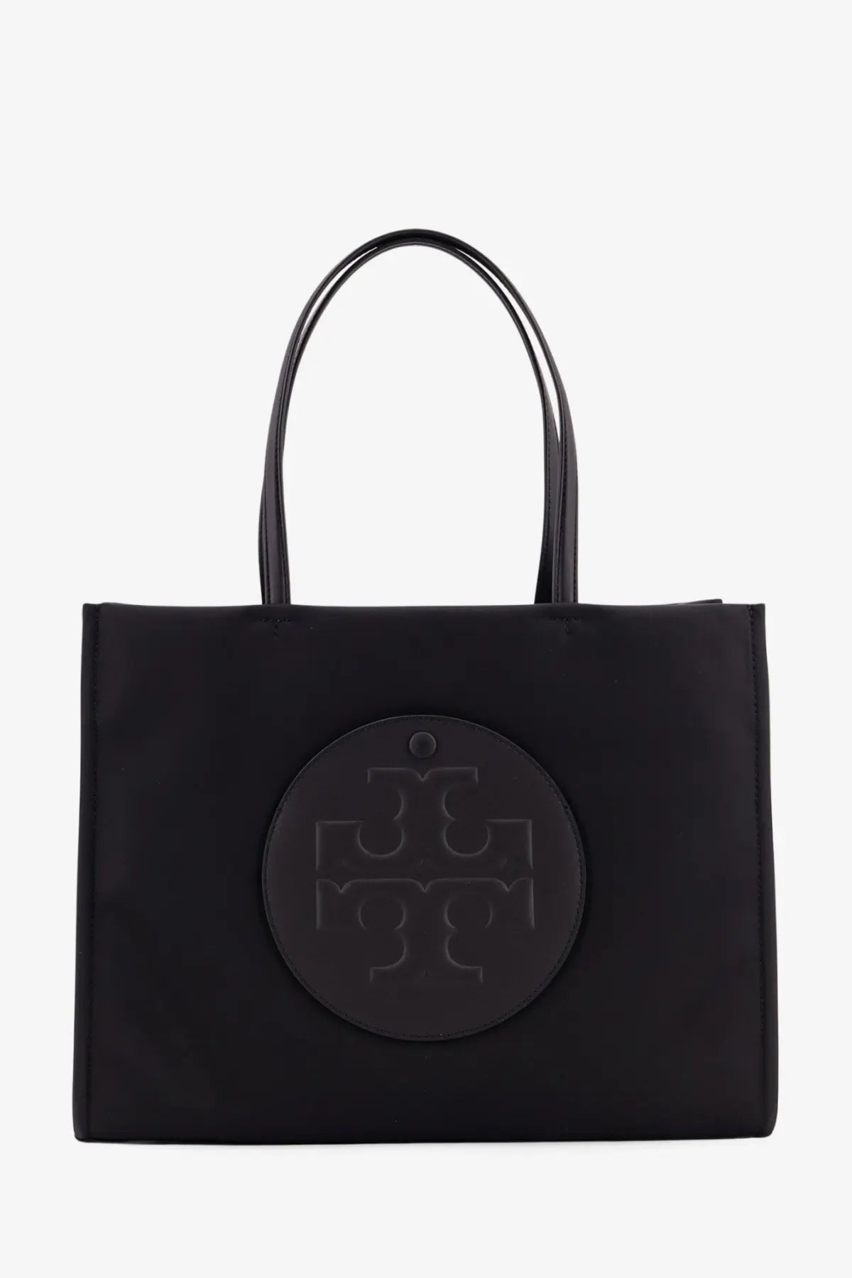 Black Tory Burch women’s Ella nylon shoulder tote bag with circular embossed logo on the front