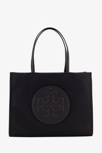 Black Tory Burch women’s Ella nylon shoulder tote bag with circular embossed logo on the front