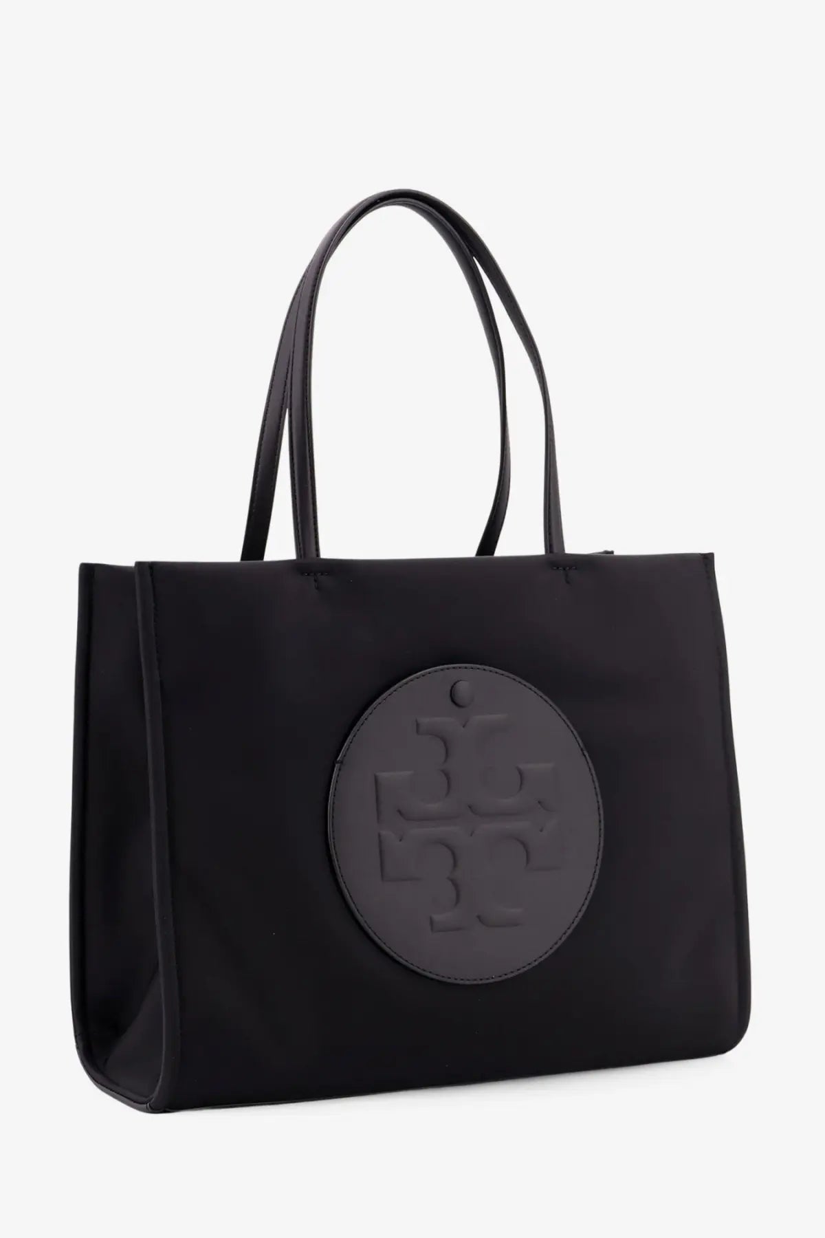 Black tory burch tote bag with circular logo emblem on the front made of nylon for women