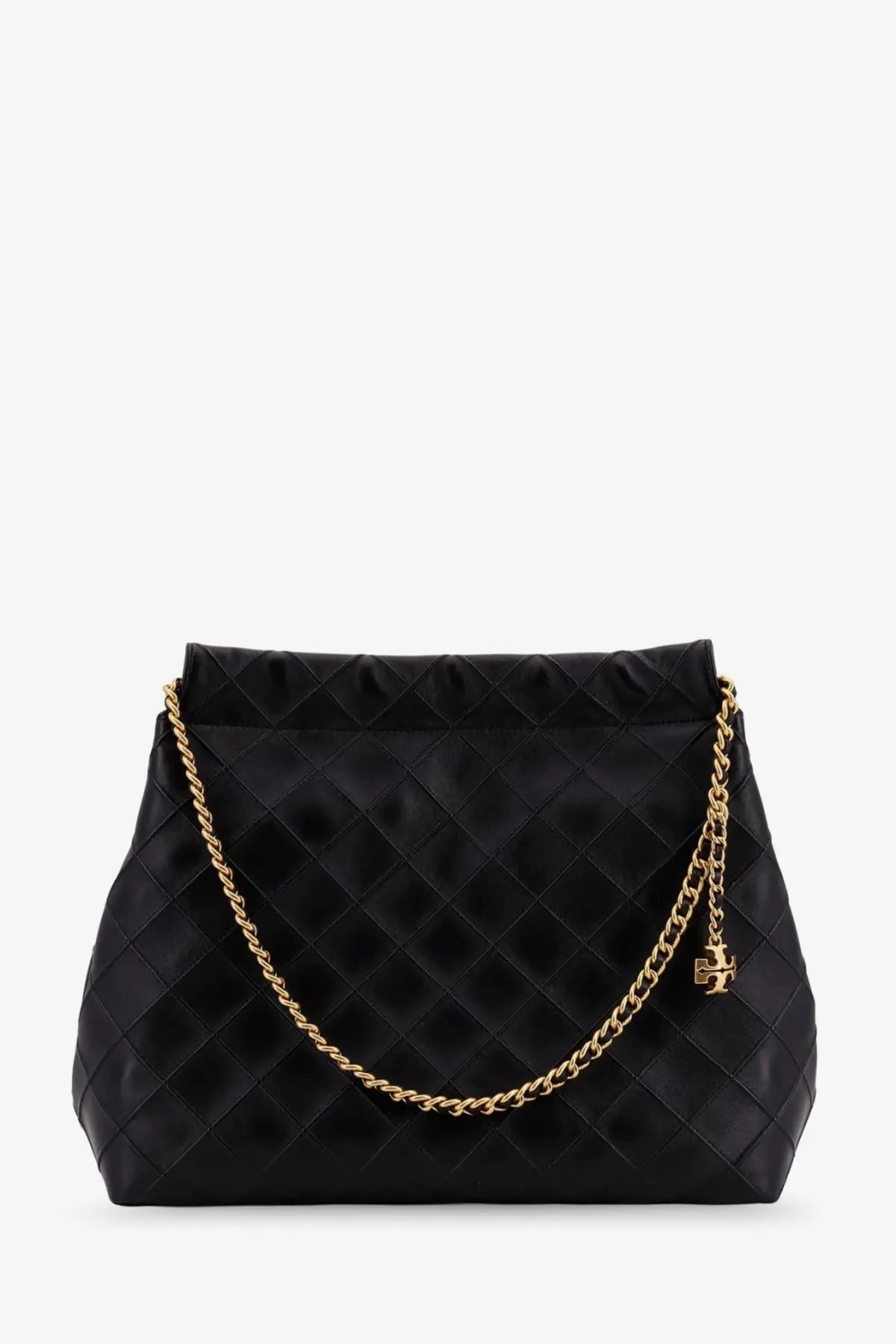 Tory burch womens fleming hobo leather bag black with quilted design gold-tone chain strap and logo charm