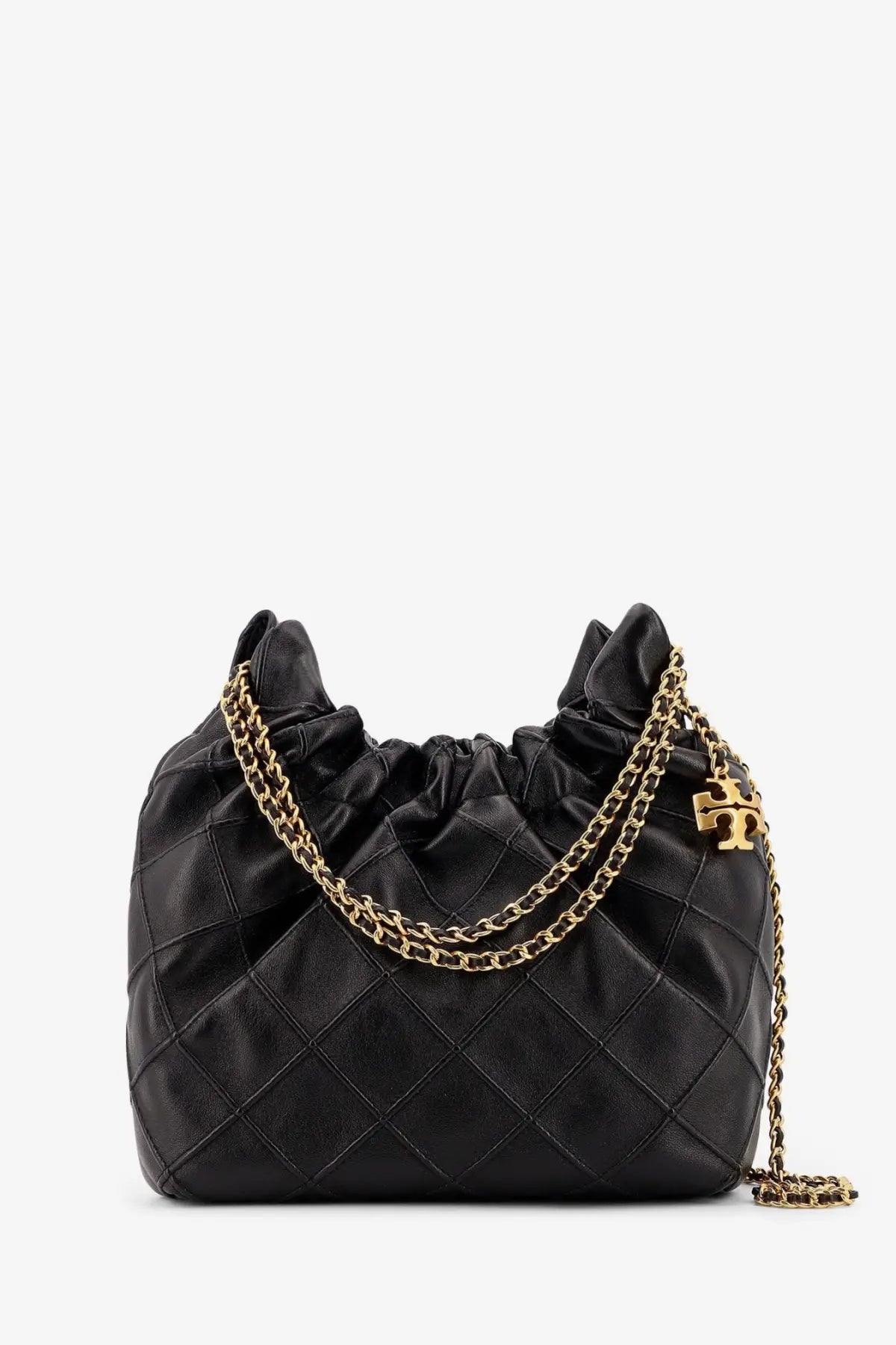 Tory Burch women’s Fleming mini hobo handbag in black quilted leather with gold-tone chain strap and logo charm