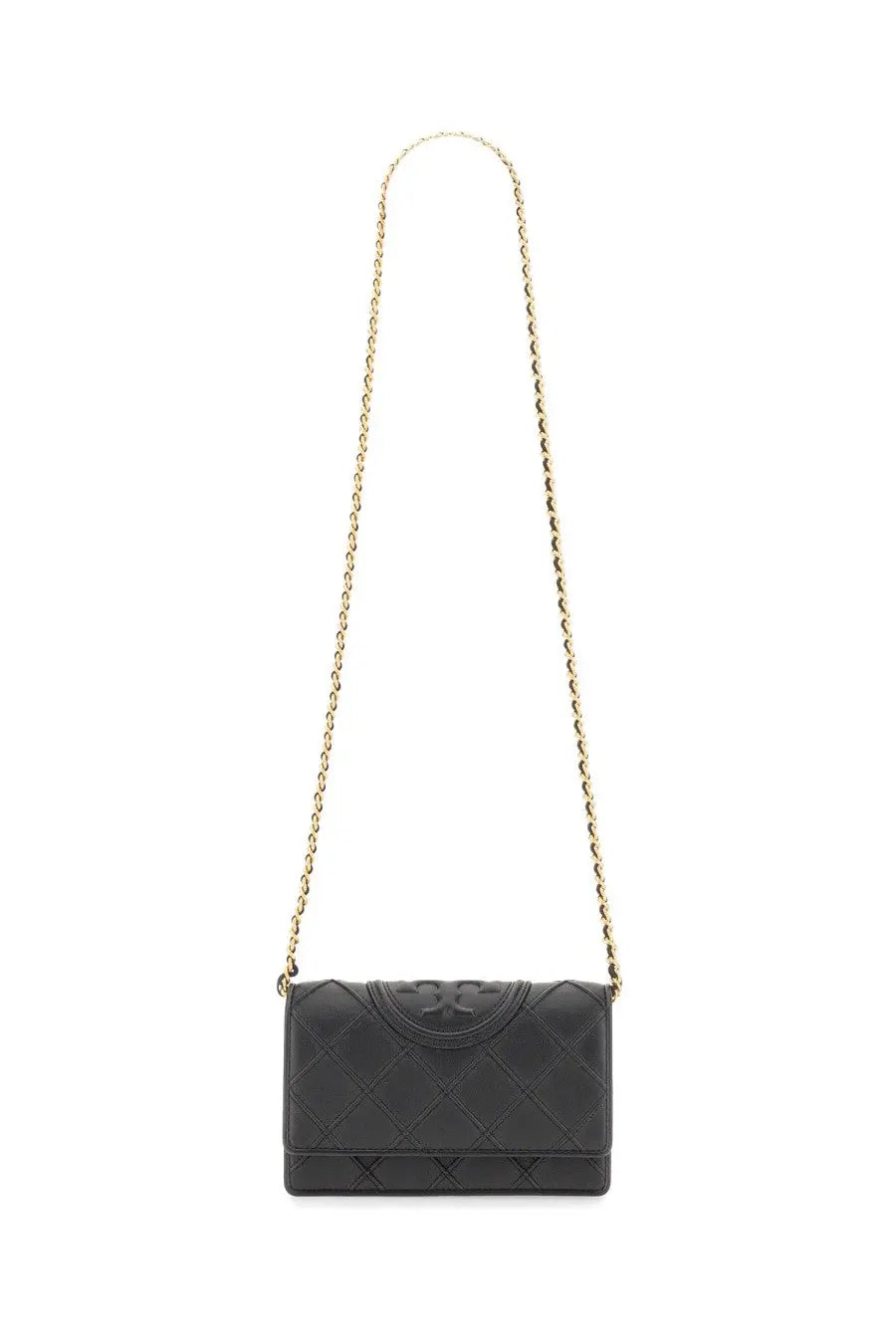 Tory Burch women’s Fleming wallet black quilted leather crossbody bag with gold chain strap and embossed logo