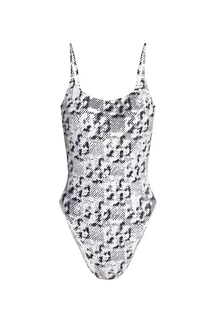 Tory burch women’s gemini link one piece swimsuit in white with black and white snake print and thin spaghetti straps