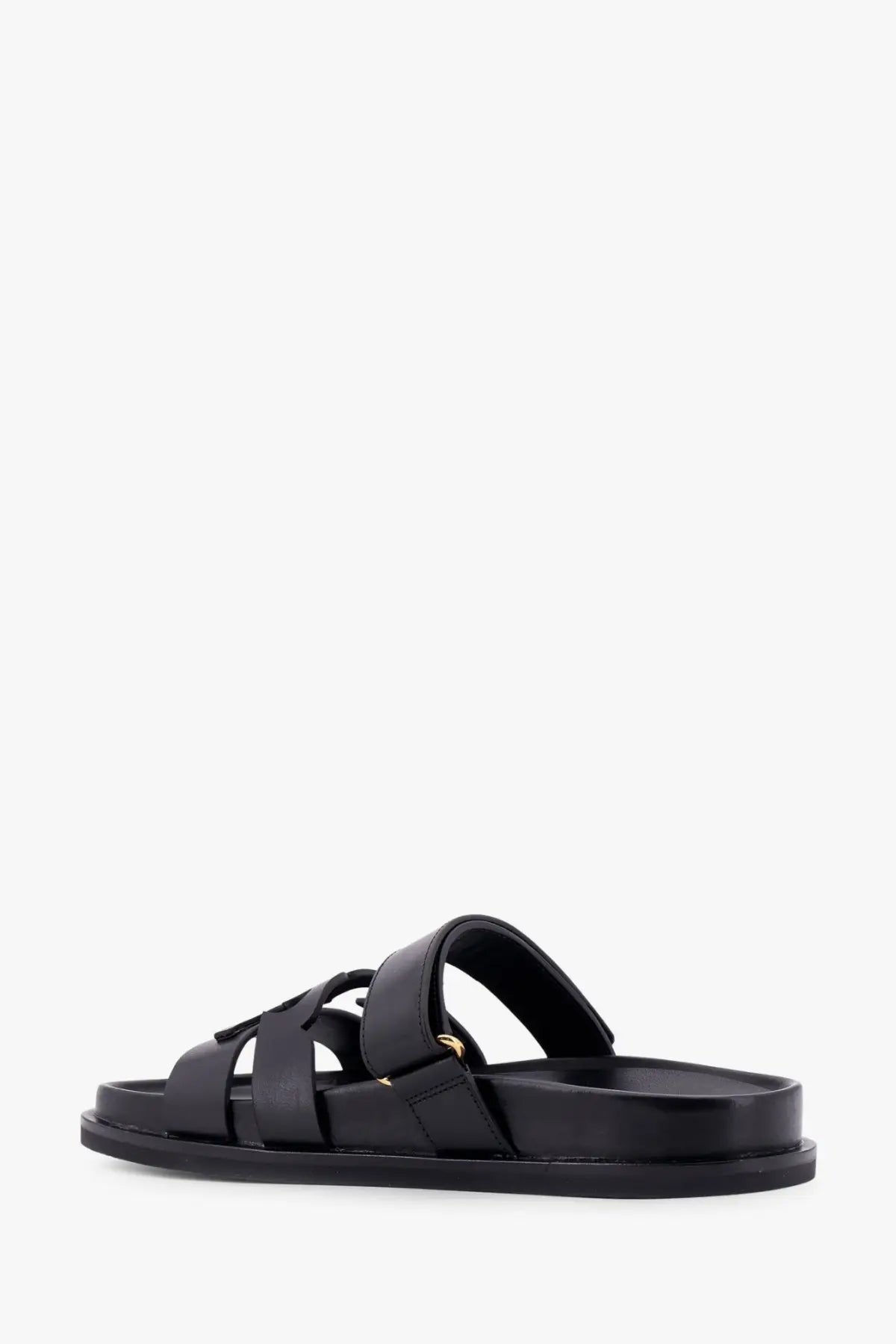 Tory Burch women’s Ines black leather slide sandal with minimalist design and gold tone buckle