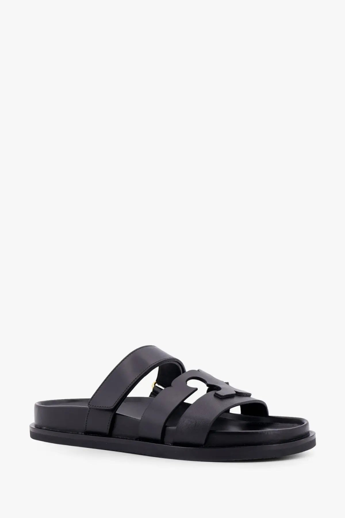 Tory Burch women’s grey leather slide sandal with distinctive cutout design on the strap