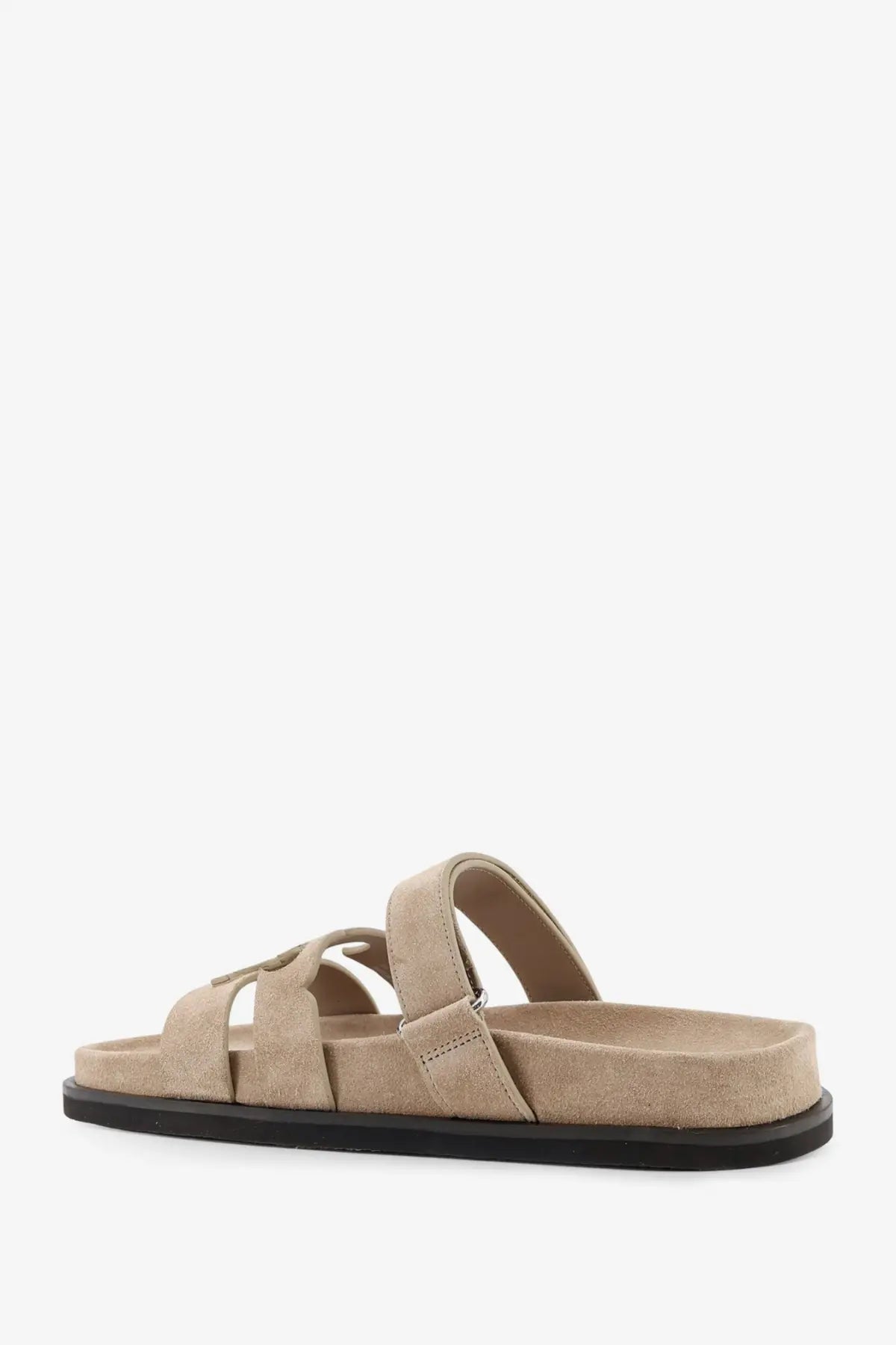 Beige suede slide sandal with black rubber sole and adjustable strap from tory burch womens ines low suede sandals avola
