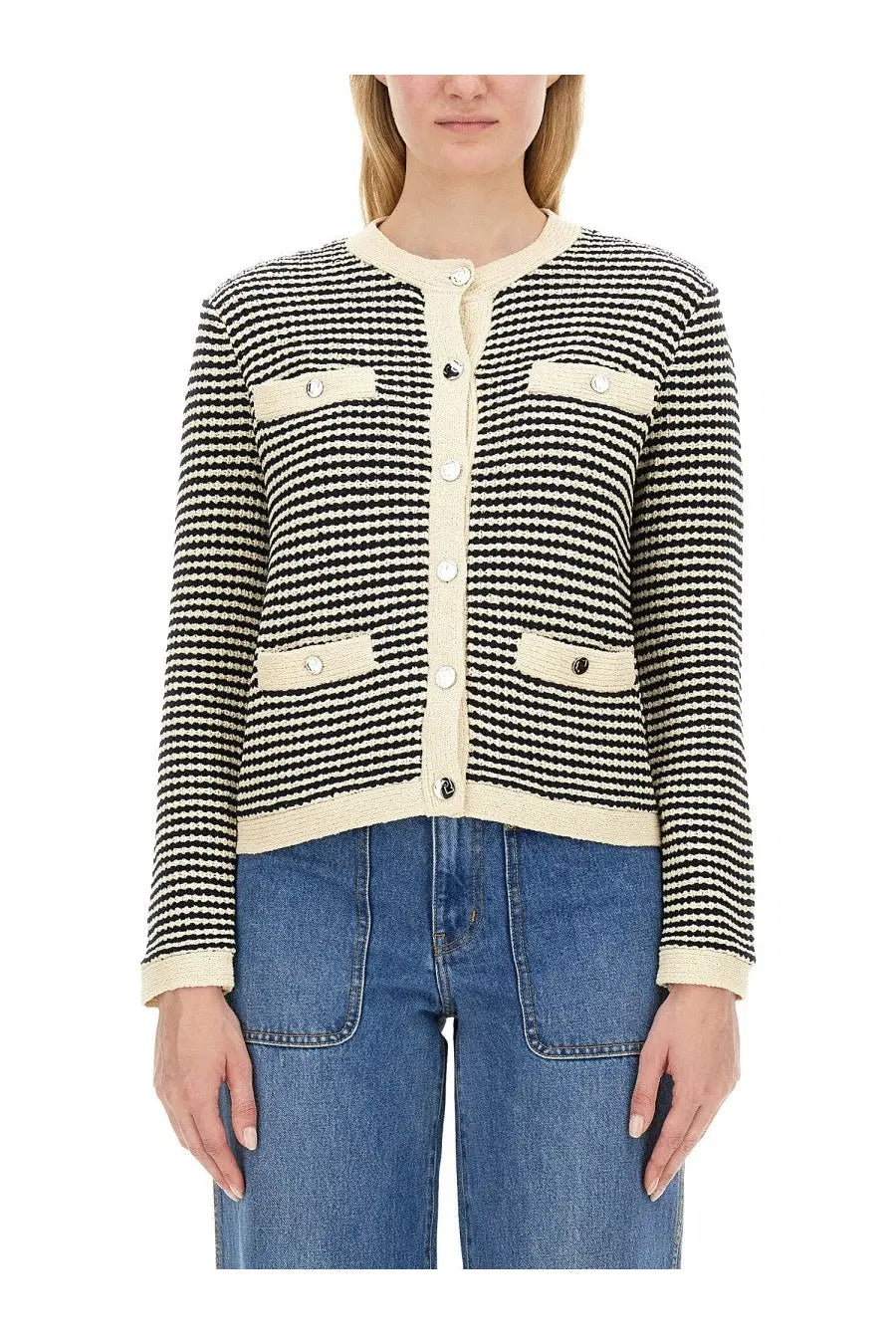 Tory burch women’s kendra cardigan in black and cream houndstooth tweed with beige trim and button closures