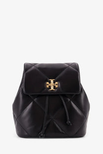 Black quilted leather Tory Burch women’s Kira diamond backpack with gold-tone logo clasp and drawstring closure