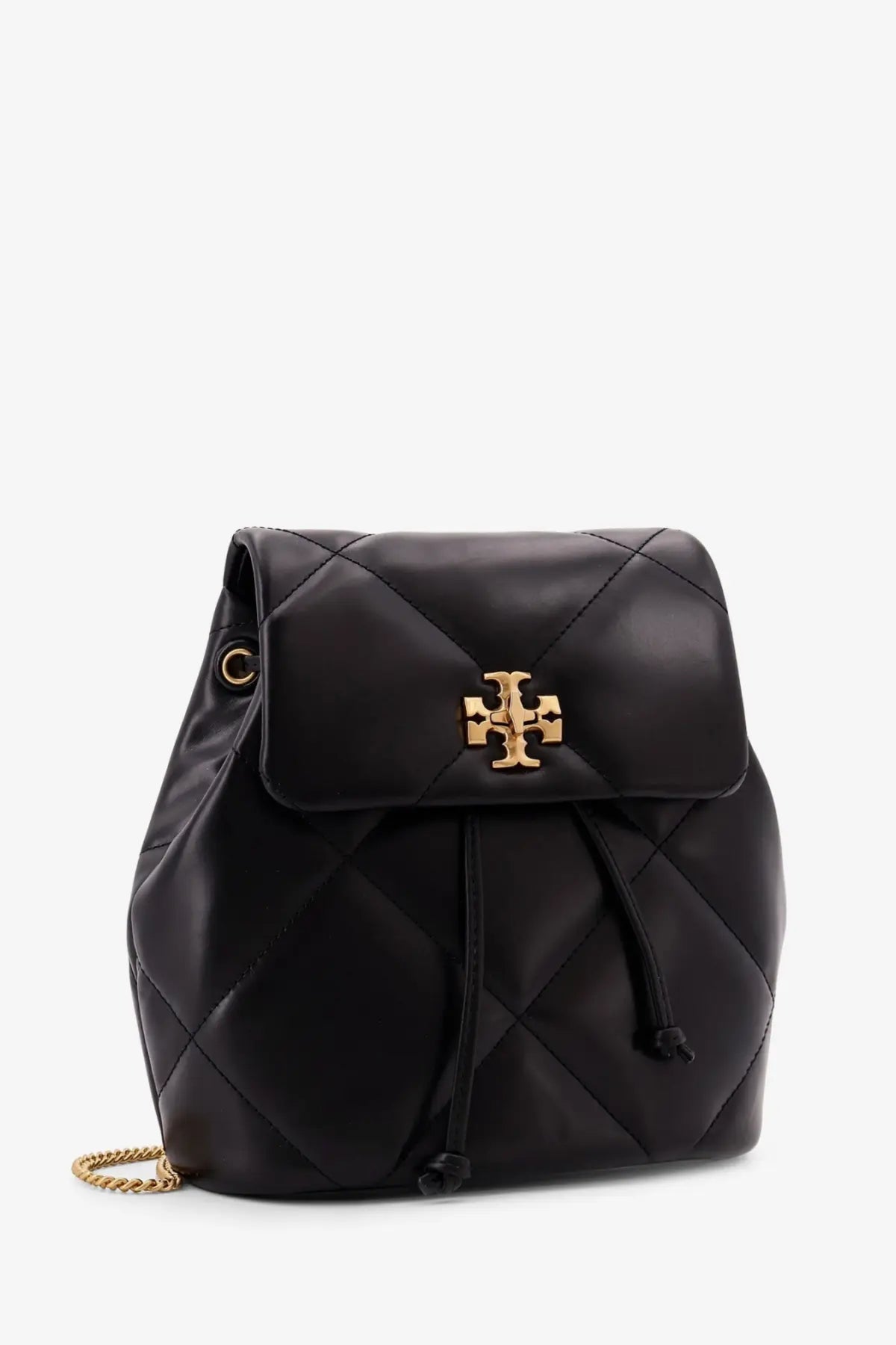 Black quilted leather tory burch kira diamond backpack with gold-tone logo clasp and chain strap for women